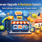Illustration zum Server-Upgrade von Dampfanzeigen.de mit neuen Marktplatz-Funktionen und angepasster Premium-Gebühr