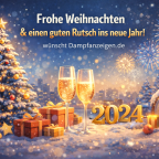 Festliche Illustration mit Weihnachtsbaum, Feuerwerk und dem Jahr 2024 als Weihnachts- und Neujahrsgruß von Dampfanzeigen.de
