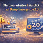 Symbolische Illustration zur Wartung und Weiterentwicklung von Dampfanzeigen.de mit Update-Mechanik-Symbolen und Fortschrittsdarstellung